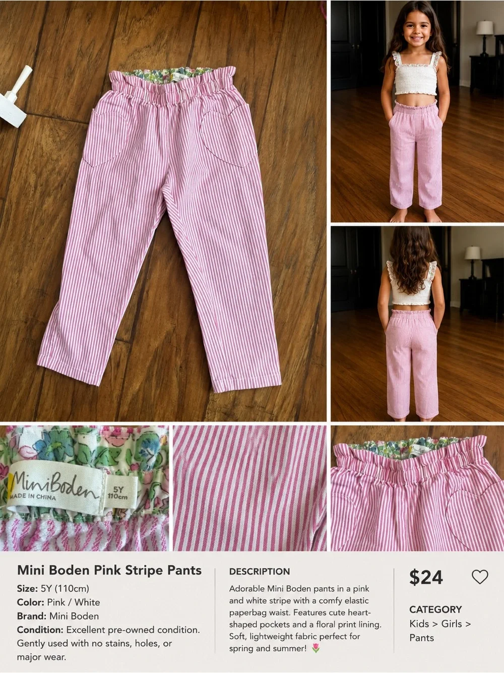 Mini Boden Girls Pink Striped Pants Size 5Y / 110 cm